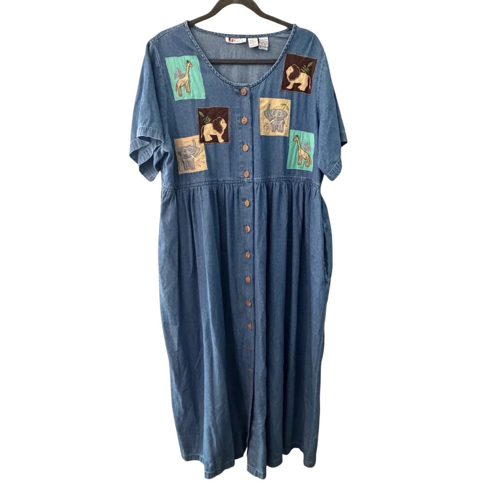 Woman Within Vintage 90’s Denim Maxi Dress Sz L Safari Animals Pinnacle Teacher